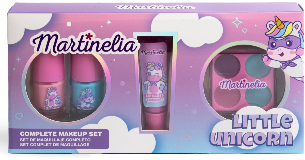Martinelia Little Unicorn Komplettes Make-up-Set für Kinder, Lipgloss + 2-teiliger Nagellack + Lidschattenpalette für Kinder