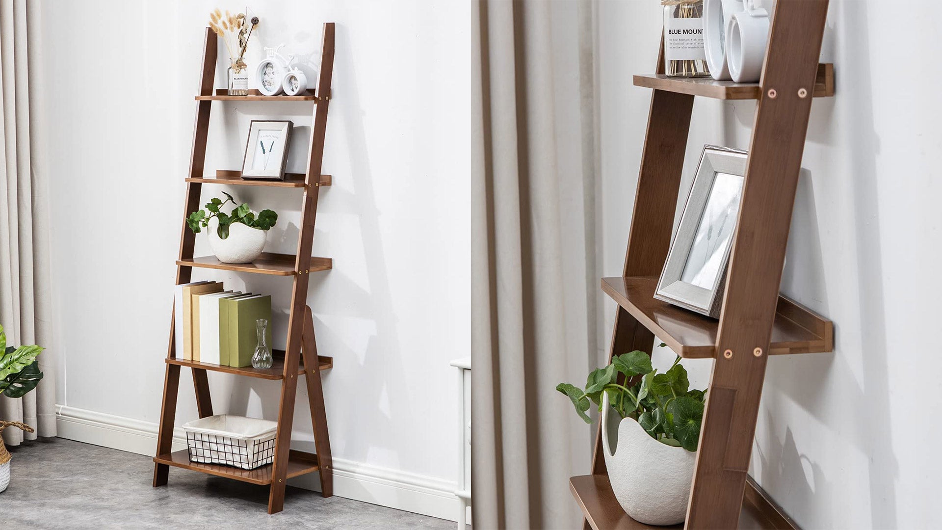 Maydear Ladder Bookshelf (5 tier, 2 colors): Bamboo Bookshelf Walnut