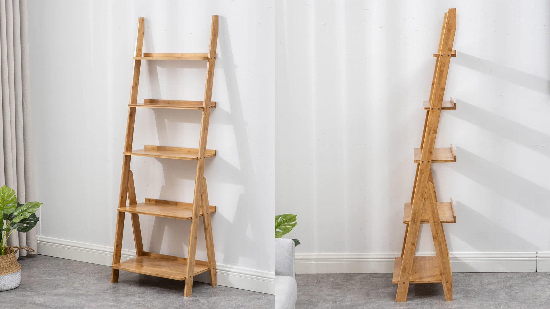 Maydear Ladder Bookshelf (5 tier, 2 colors): Bamboo Bookshelf Natural Wood