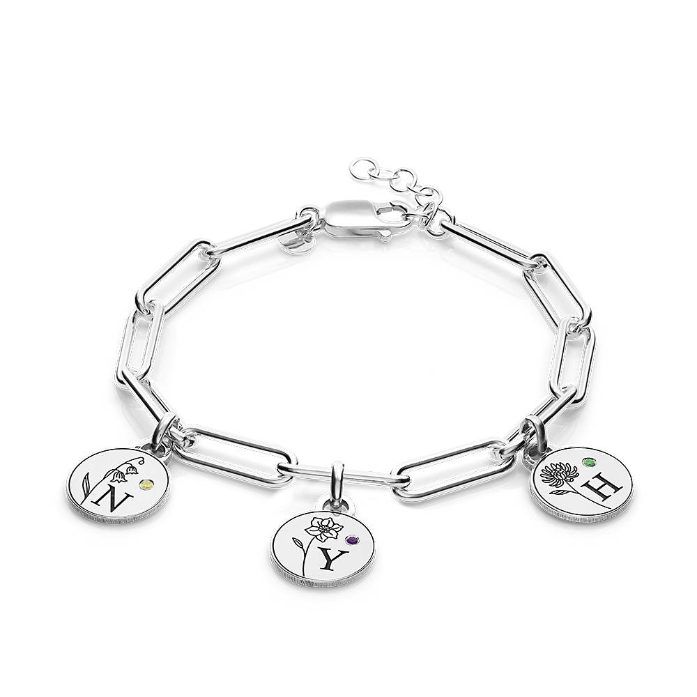 Prairie Birth Flower and Birthstone Initial Charm Bracelet in Sterling Silver