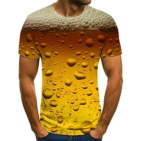 Men's Shirt T shirt Tee Tee Graphic Beer Round Neck Red - White Yellow Red Blue Gold 3D Print Plus Size Daily Going out Short Sleeve Pleated Print Clothing App