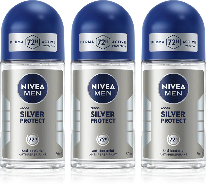 NIVEA Man Silver Protect antiperspirant roll-on 72 timmar 3× 50 ml