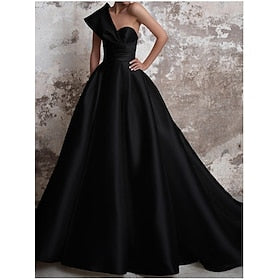 A-Line Evening Gown Party Black Dress Plus Size Party Wear Church Court Train Sleeveless One Shoulder Italy Satin Backless with Ruched 2023