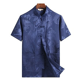 Homens Camisa Social camisa de verão Camisa casual camisa de praia Camisa Chinesa Branco Amarelo Vermelho Azul Cinzento Manga Curta Dragão Colarinho Mandarim F