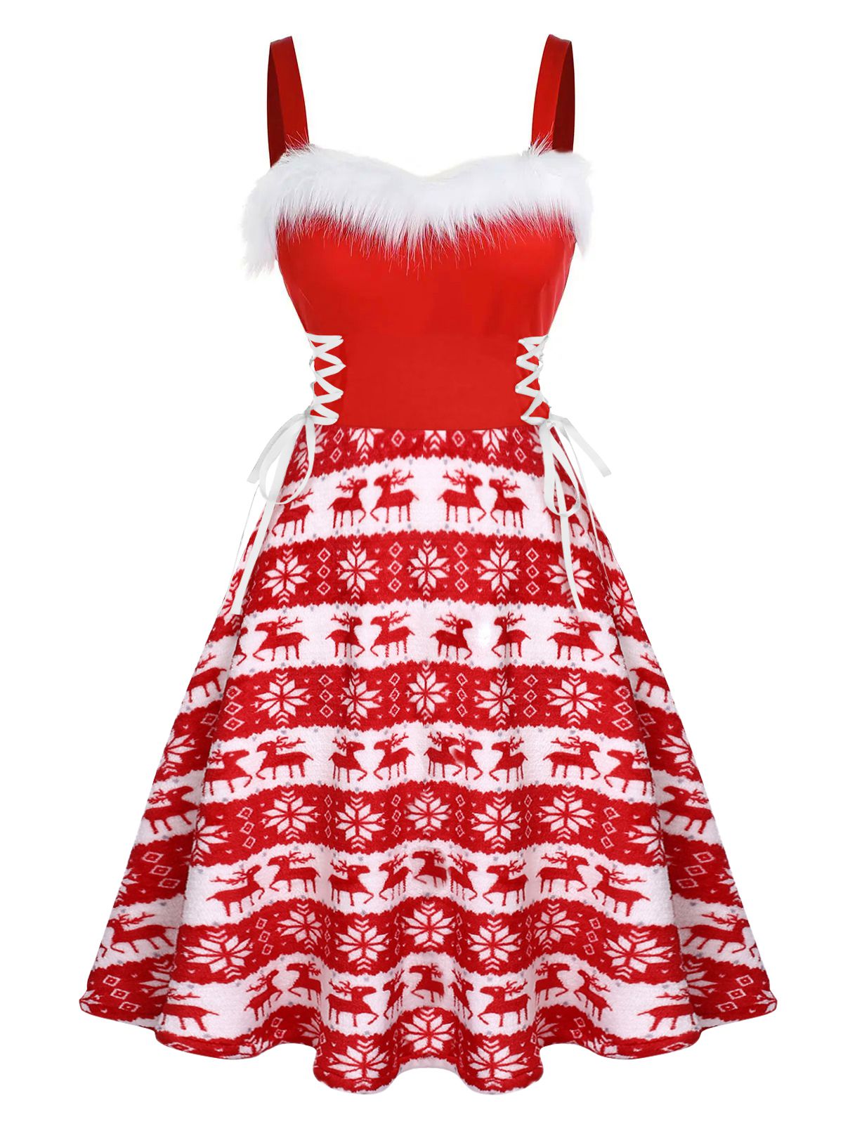 Christmas Elk Furry Strap Swing Dress Red,M