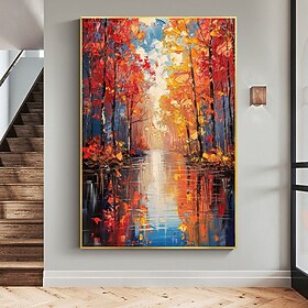 pintura a óleo de paisagem de lago original pintada à mão em tela grande arte de parede abstrata arte de floresta laranja pintura personalizada decoração de ou