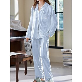 Women's Baby Blue Pajamas Sets Letter Casual Comfort Home Daily Bed Cotton Breathable Lapel Long Sleeve Shirt Pant Button Pocket Fall Winter White Pink