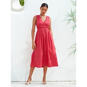 Robe rouge rose paper touch pour femme, en coton, avec lien dans le dos, col en v, robe midi