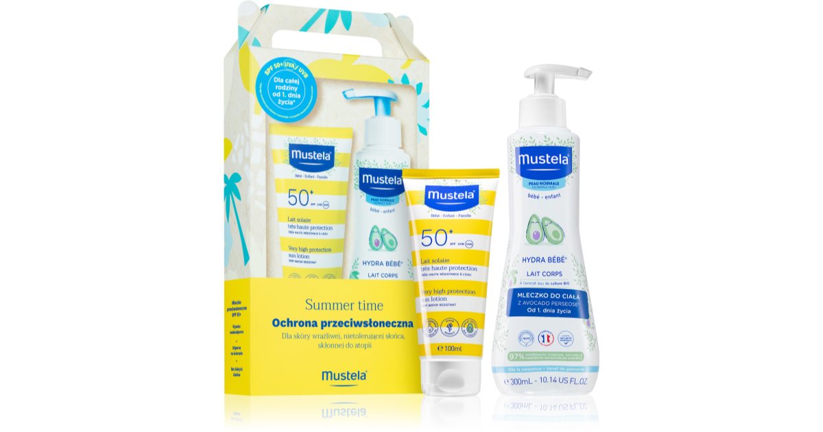 Mustela Bébé Summer Time Gavesæt til nyfødte solariecreme til børn SPF 50+ 100 ml + fugtgivende kropsmælk til babys hud bambino 300 ml