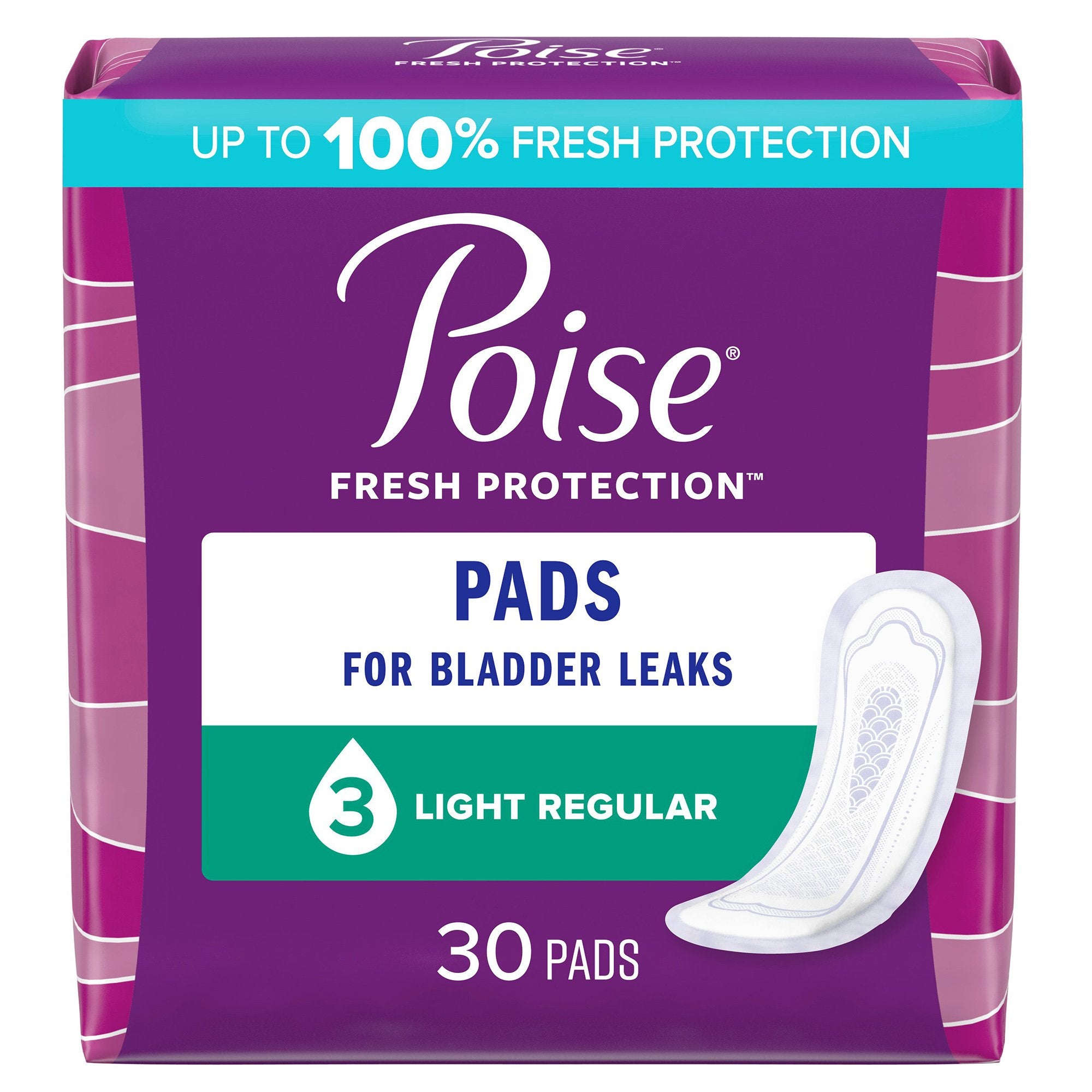 Poise Bladder Control Pads, Light Absorbency, Regular Length, Pack of 30