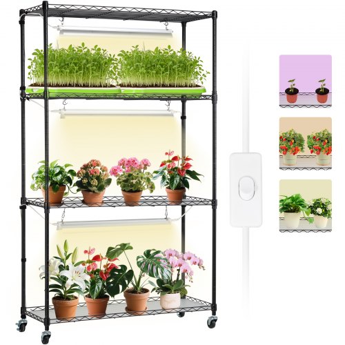 VEVOR - Estante para plantas con luz de cultivo, 4 niveles, 90 W, luces de espectro completo, estante de metal ajustable para plantas de jardinería, e