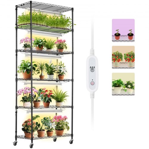 VEVOR - Estante para plantas con luz de cultivo, 6 niveles, 150 W, 3 modos de luz de espectro, estante de metal para plantas con temporizador, estante