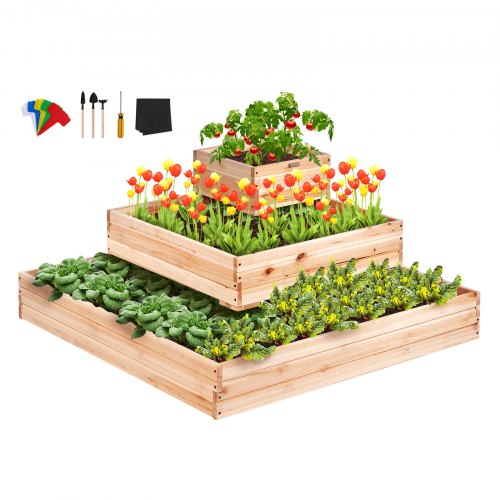 VEVOR Cama de Jardín Elevada, Macetero de Madera de 3,7 x 3,7 x 1,7 pies, Cajas de Plantación para Exteriores con Base Abierta, para Cultivar Flores-V
