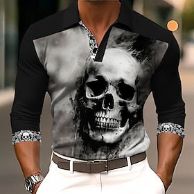 Escuro Homens Roupa de Esporte Imprimir Camiseta Polo Festa Ao ar livre Rua Poliéster Manga Longa Aberto para a Lateral Camisas polo Preto Outono  inverno S M
