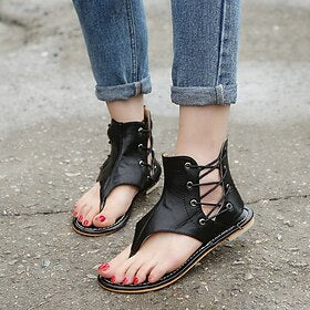 sandales femme sandales plates sandales spartiates sandales romaines extérieur quotidien plage à lacets talon plat bout ouvert simili cuir bande élastique noir