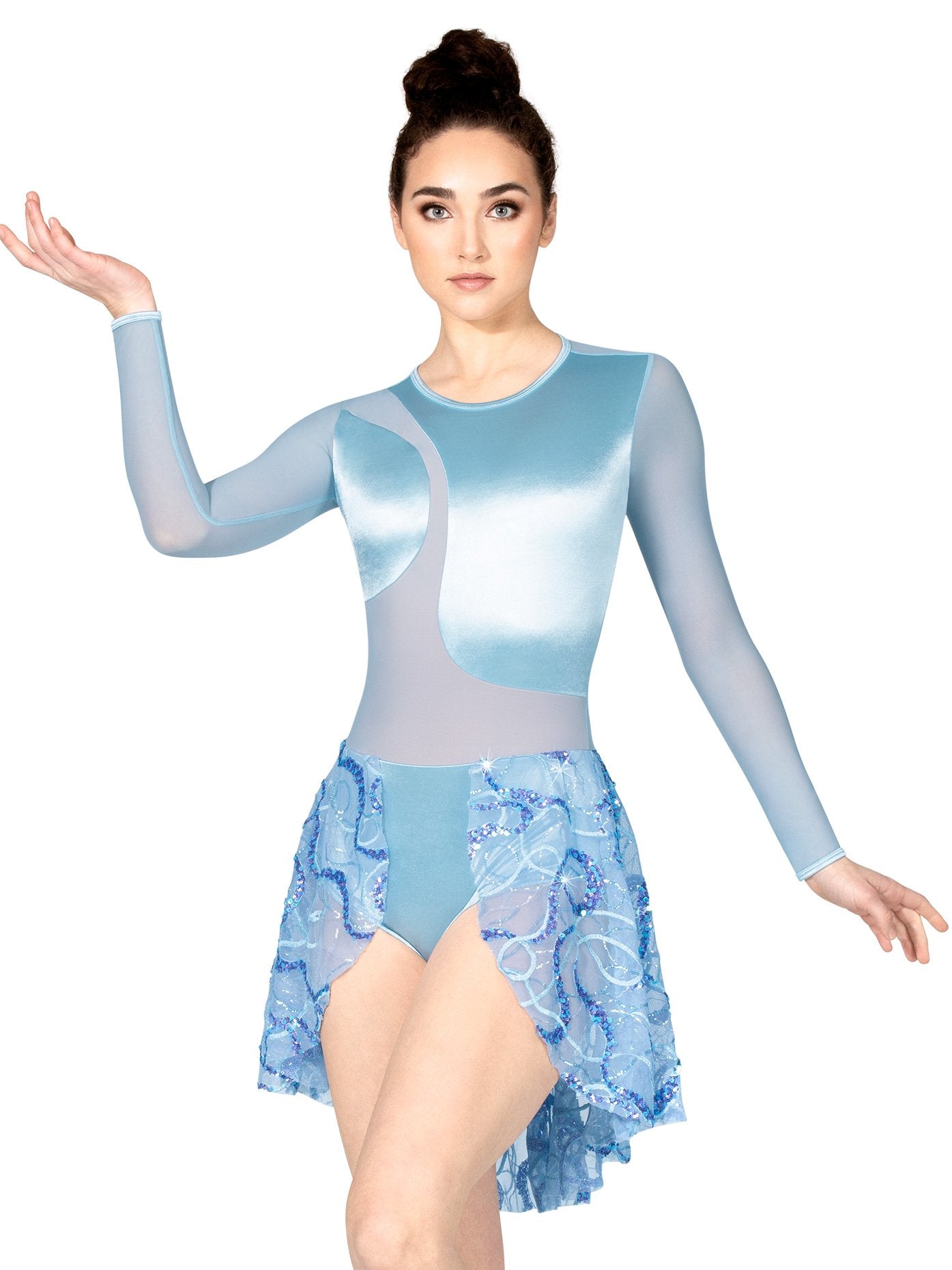 Double Platinum Womens Satin and Mesh Long Sleeve Skirted Leotard Lilac M N8117