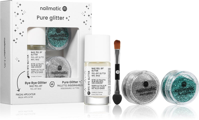 Nailmatic Pure set se třpytkami 3 kusy Středně tyrkysové Glitter třpytky na obličej a tělo 3 g + Small Silver Glitter třpytky na obličej a tělo 2,5 g