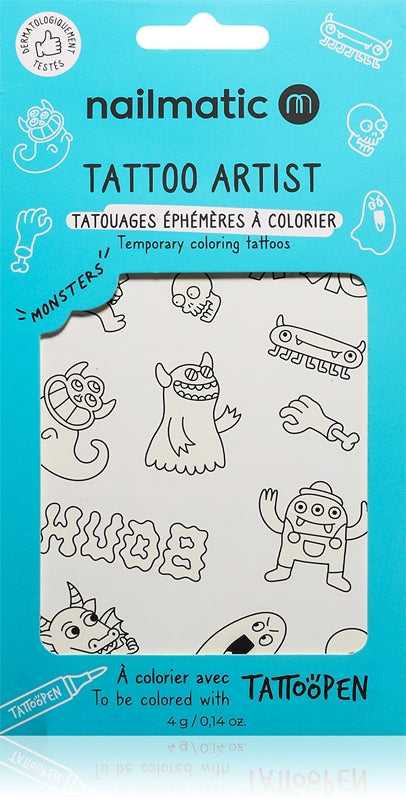 Nailmatic Artista del tatuaje Tatuajes temporales para colorear Tatuaje infantil 3 años+ Monstruos 9x16.3 cm