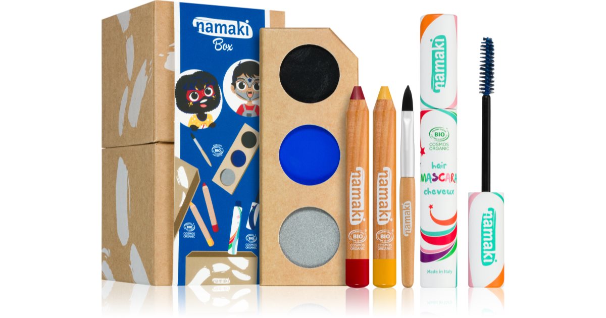 Namaki Intergalactic Box set för barn röd, gul sminkpenna + svart, blå, silver ansiktspalett + kosmetisk borste + blå hårmascara