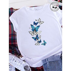 Women's T shirt Tee Cotton 100% Cotton Butterfly Print Home Daily Date Basic T-shirt Sleeve Short Sleeve Round Neck Black Summer