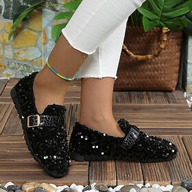 Mocassins pour femmes, chaussures plates à enfiler, bling bling, mary jane, fête, paillettes, bout pointu, mode, marche, argent, noir