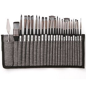 Art 24 Pieces Paint Brush Set Enhanced Synthetic Brush Set with Cloth Roll and Palette Knife for Acrylic, Oil, Water