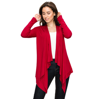 Women's Basic Draped Long Sleeve Open Front Knit Cardigan - WINE - M