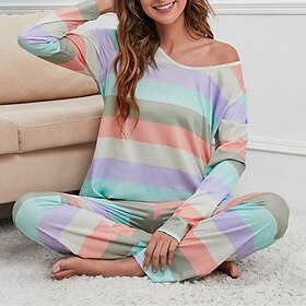 Women's Pajamas Nighty Pjs Sets 2 Pieces Rainbow Stripe Fashion Comfort Soft Home Daily Bed Cotton Breathable V Wire Long Sleeve T shirt Tee Pant Spring Fall Y