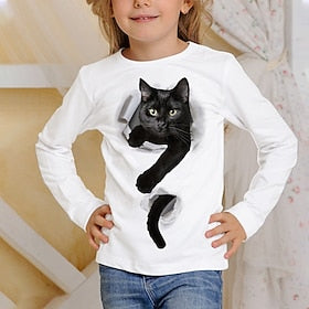 camiseta de gato com estampa 3d infantil camiseta manga longa gato com estampa animal azul branco rosa blusas infantis caem casual escola diária ajuste regular