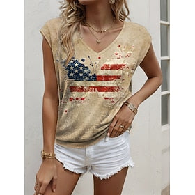 Women's Tank Top Vest Independence Day Print Daily Independence Day Casual Sleeveless V Neck Khaki Summer