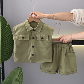 Conjunto de roupas infantis para meninos, 2 peças, cor sólida, sem mangas, escola, fresco, diário, verão, 3-7 anos