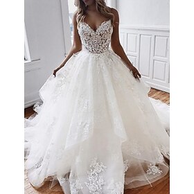 Engagement Formal Wedding Dresses Ball Gown Sweetheart Camisole Spaghetti Strap Chapel Train Lace Bridal Gowns With Appliques 2024