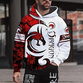 Men's Hoodie Pullover Hoodie Sweatshirt Wine Red Pink Wine Red Hooded Graphic Animal Dragon Print Sports  Outdoor Daily 3D Print Streetwear Designer Casual Spr