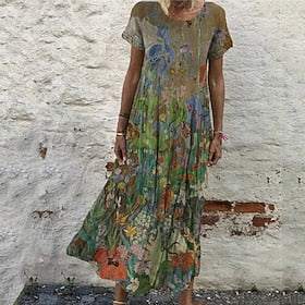 Women's Casual Dress Shift Dress Long Dress Maxi Dress Wine Blue Green Short Sleeve Floral Print Summer Spring Crew Neck Vintage Vacation Summer Dress Spring D