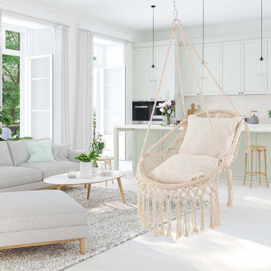 Indoor/Outdoor Macrame Swing with Soft Seat Cushions