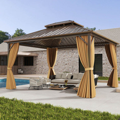 14 x 12-foot Hardtop Gazebo with Curtains and Overhang Eave Design