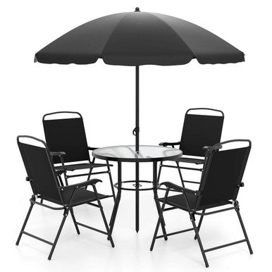 6-Piece Patio Dining Set with Umbrella and Rippled Glass Tabletop