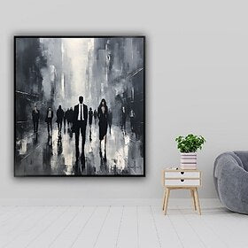 Large handmade Abstract Black Figures Oil Painting on Canvas Hand Painted Minimalist People city Painting Boho artwork painting for Living Room Wall Art Home D