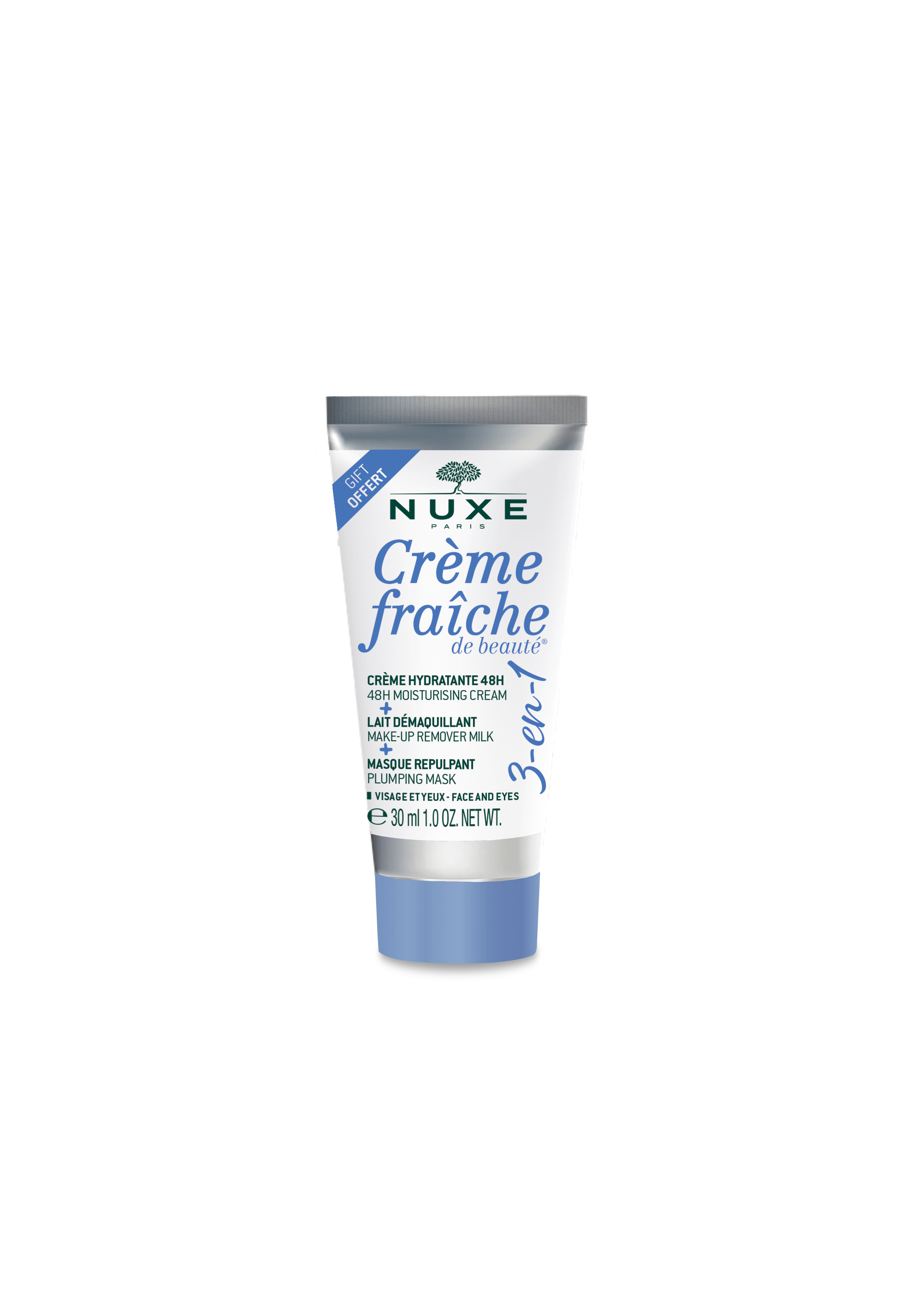 Nuxe, Creme Fraiche de Beaute, idratante, crema, latte struccante e maschera rimpolpante 3 in 1, 30 ml