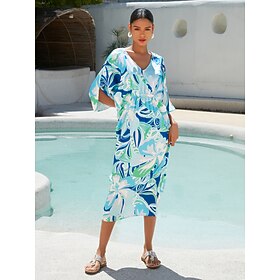 Mulheres Vestido Kaftan Vestido estampado Vestido midi Vestido midi Azul Meia-Manga Flor - Plantas Imprimir Primavera Verão Decote V Estilo Praia Praia XS S M