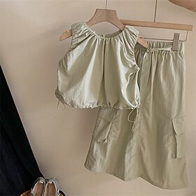 2 Peças Infantil Para Meninas Côr Sólida Saia e camisa Conjunto Sem Manga Moda Ao ar livre 7-13 anos Verão Roupa de trabalho de duas peças