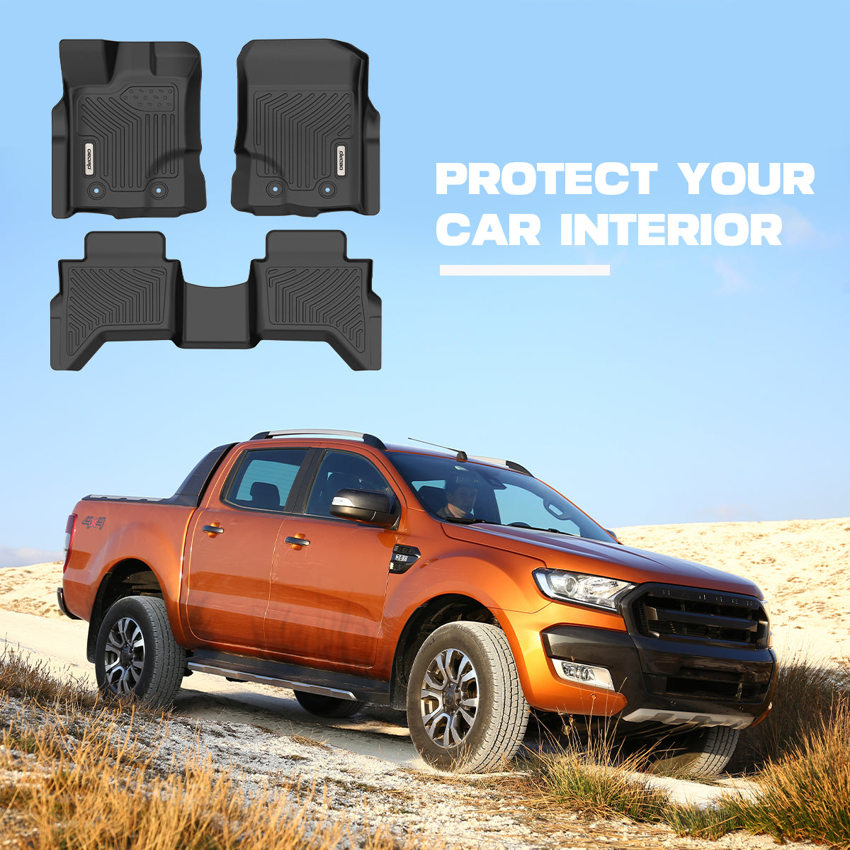 OEDRO Floor Mats for 2019-2023 Ford Ranger Supercrew Cab, Black TPE All-Weather Guard Full Liner Set