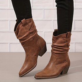 botas femininas desleixadas ocidentais com bico fino e corte em v, botas de meia panturrilha, salto cubano, bico fino, caminhada vintage, couro sintético, pret