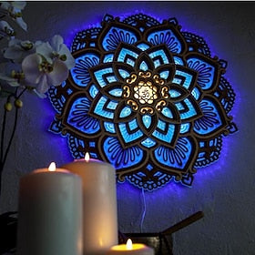 Mandala Night Light Wooden Decorative Lamp Yoga Room LED Night Light Multilayered Laser Cut Carved Light Wall Decor for Home Living Room Bedroom Ornament 1PC