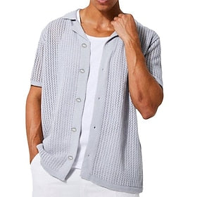 Voor heren Gebreide polo Cardigan Werk Casual Revers Korte mouw Modieus Stoer Effen - effen kleur Gebreid Lente, Herfst, Winter, Zomer Normale pasvorm Zwart Wi