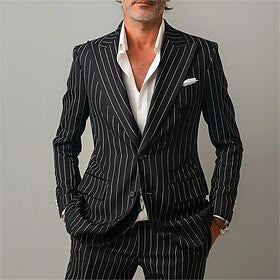 Homens Blazer O negócio Coquetel Festa de Casamento Moda Casual Primavera  Outono Poliéster Riscas Botão Bolsos Confortável Não Trespassado Jaqueta esporte Pre