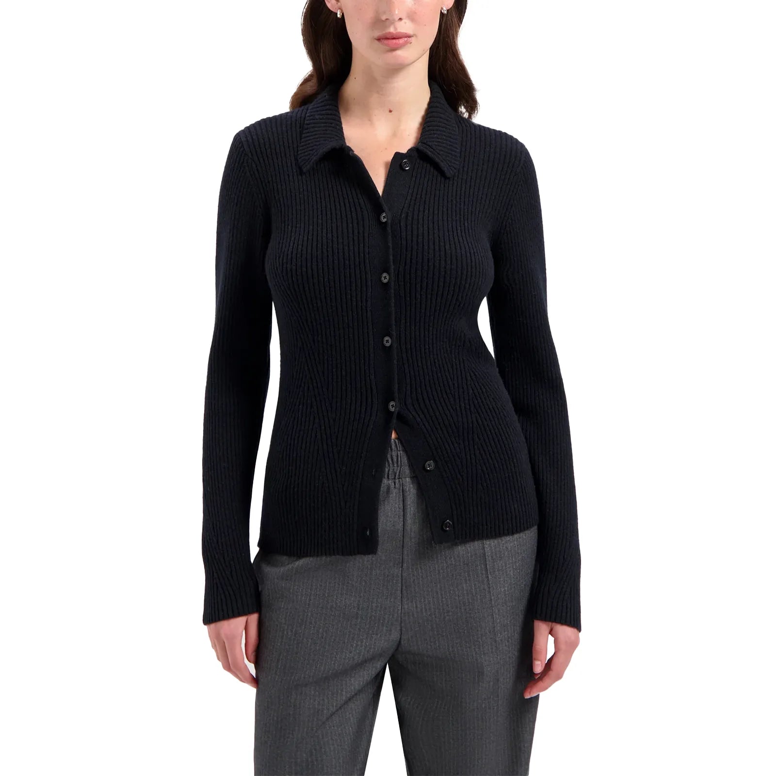 Olaf Merino Ribbed Knit Cardigan W "Black" (W180702-BLACK)