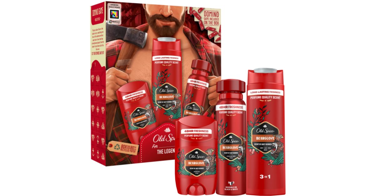 Old Spice Bearglove For The Legend Gavesett for Menn Deodorant Stick 50ml + Forfriskende Deodorant Spray 150ml + Body and Hair Shower Gel 250ml + Domi