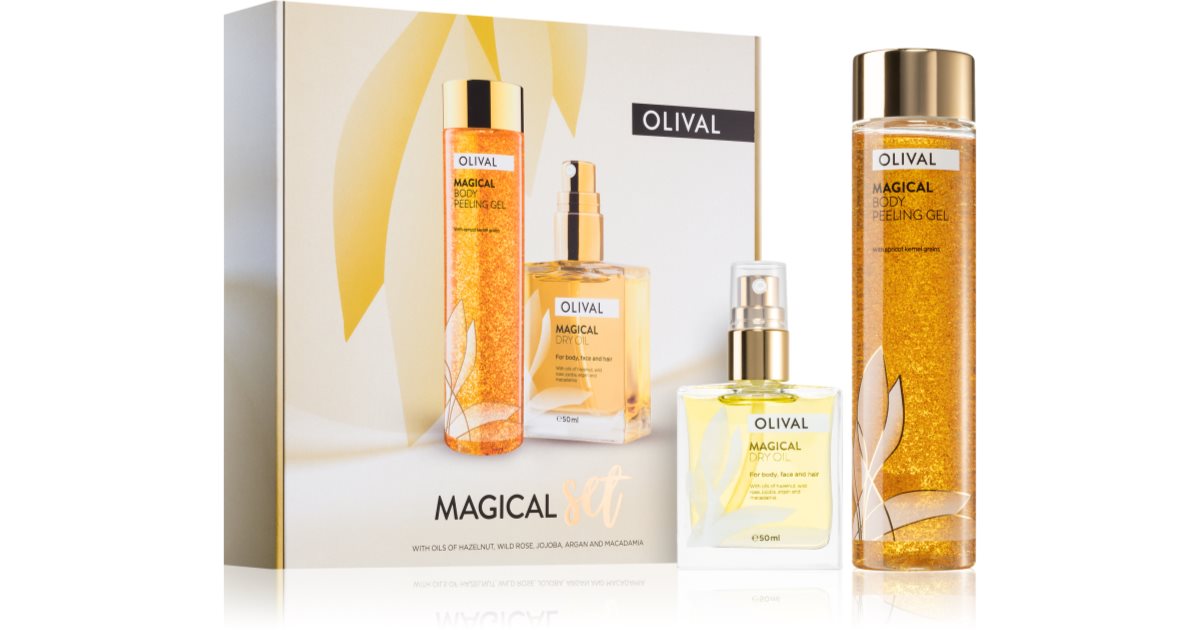 Olival Magisk opplysende og fuktighetsgivende gavesett Exfoliating Cleansing Gel 200ml + Multi-Function Dry Oil med Glitter for ansikt, kropp og hår 5