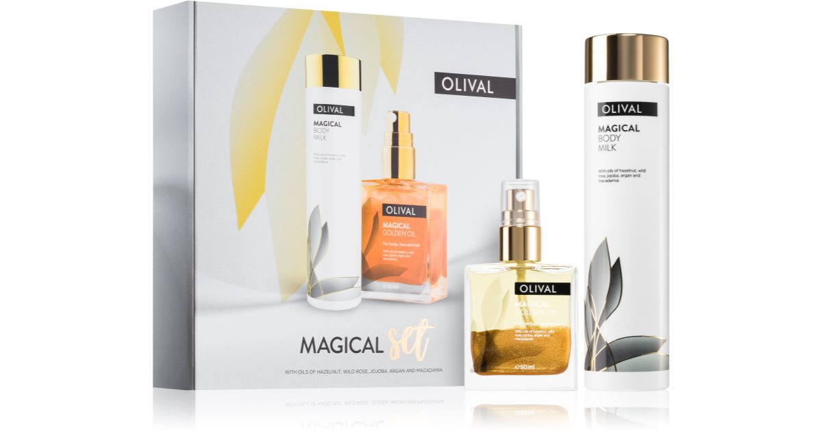 Olival Magiskt närande och återfuktande presentset Närande kroppsmjölk 200ml + Multifunktions torrolja med glitter för ansikte, kropp och hår 50ml
